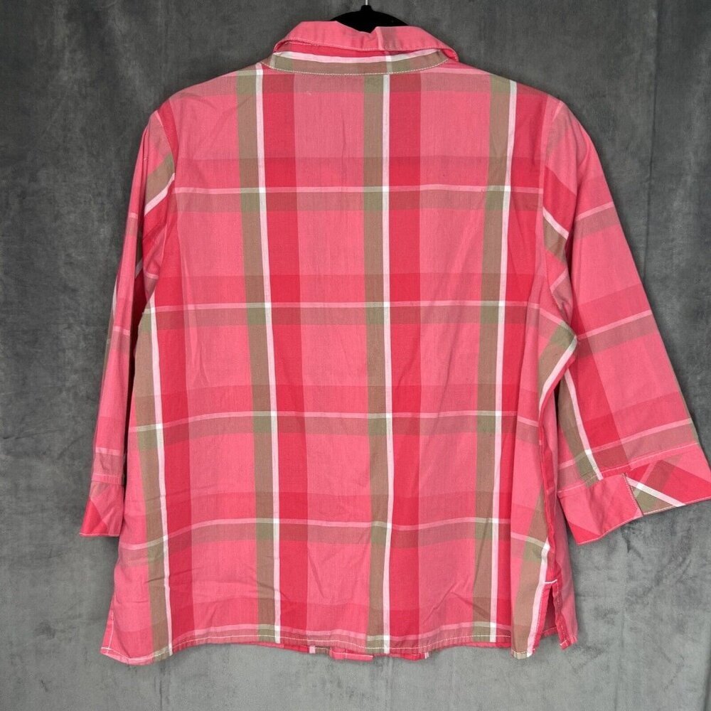 Rebecca Malone Top XL Casual Button Up 3/4 Sleeve Pink Plaid Blouse Collared - Picture 7 of 8